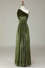 Homecoming Dress 2036, One Shoulder Olive Green Pleated Velvet Bridesmaid Dress