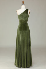Homecoming Dresses Lace, One Shoulder Olive Green Pleated Velvet Bridesmaid Dress