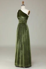 Homecoming Dresses Blue, One Shoulder Olive Green Pleated Velvet Bridesmaid Dress