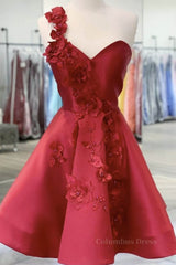 Evening Dress Boutique, One Shoulder Open Back Burgundy Floral Short Prom Dress, Wine Red Floral Formal Evening Homecoming Dress