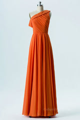 Bridesmaid Dress Gold, One Shoulder Orange Chiffon A-line Long Bridesmaid Dress