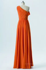 Bridesmaids Dress Gold, One Shoulder Orange Chiffon A-line Long Bridesmaid Dress