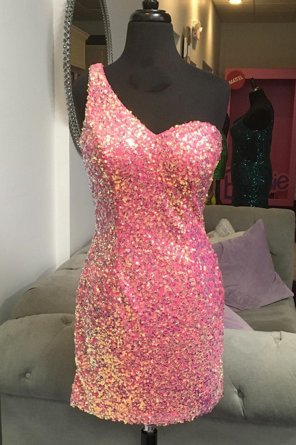 Homecoming Dresses, One Shoulder Pink Sequin Bodycon Homecoming Dress