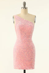 Party Dresses Outfit, One Shoulder Pink Sequin Bodycon Mini Dress