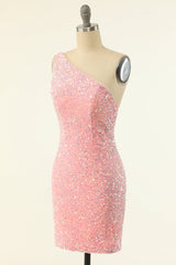 Party Dresses Outfits, One Shoulder Pink Sequin Bodycon Mini Dress