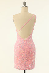 Party Dress Shopping, One Shoulder Pink Sequin Bodycon Mini Dress