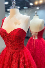 Bridesmaid Dress Pink, One Shoulder Red A-line Appliques Tulle Formal Evening Gown