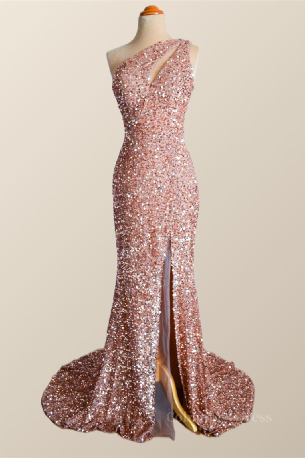 Formal Dress Elegant Classy, One Shoulder Rose Gold Sequin Mermaid Long Party Dress