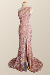 Formal Dress Short, One Shoulder Rose Gold Sequin Mermaid Long Party Dress