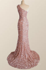 Formals Dresses Short, One Shoulder Rose Gold Sequin Mermaid Long Party Dress