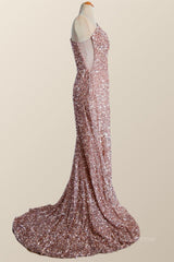 Formall Dresses Short, One Shoulder Rose Gold Sequin Mermaid Long Party Dress