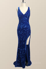 Formal Dresses Long Blue, One Shoulder Royal Blue Sequin Slit Long Prom Dress