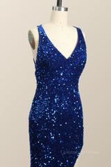 Formal Dress For Party Wear, One Shoulder Royal Blue Sequin Slit Long Prom Dress