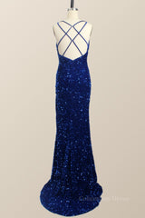 Formal Dresses Australia, One Shoulder Royal Blue Sequin Slit Long Prom Dress
