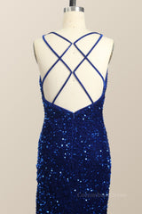 Formal Dress Long Sleeve, One Shoulder Royal Blue Sequin Slit Long Prom Dress
