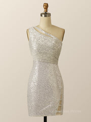 Bridesmaids Dress Chiffon, One Shoulder Silver Sequin Bodycon Dress
