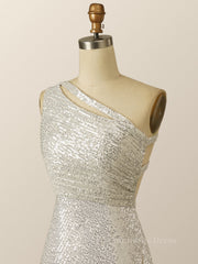 Bridesmaid Dress For Girls, One Shoulder Silver Sequin Bodycon Dress