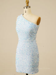 Bridesmaid Dress Uk, One Shoulder Sky Blue Sequin Bodycon Mini Dress