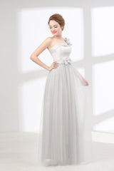 Long Formal Dress, One Shoulder Soft Gray Floor Length Prom Dresses