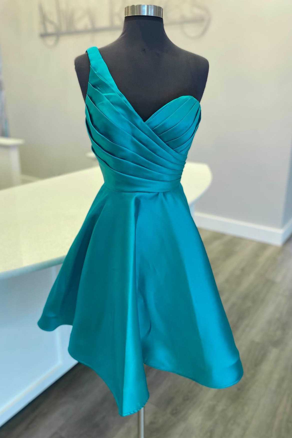 Homecoming Dress Under 62, One Shoulder Teal Blue Ruched A Line Homecoming Dress Cocktail Dresses