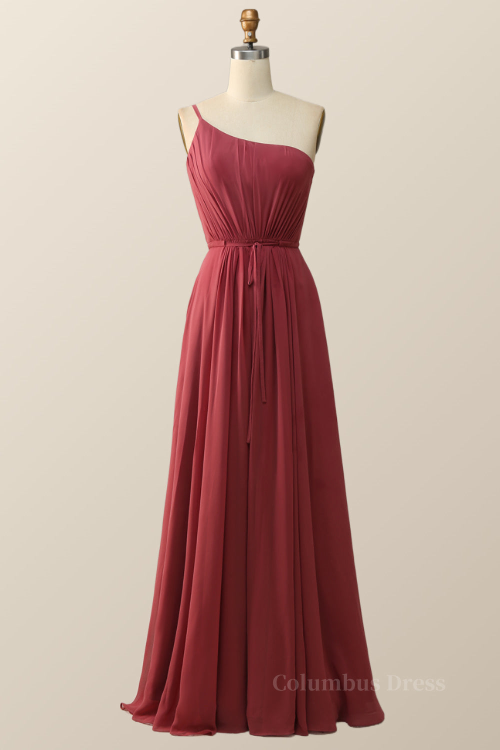 Prom Dress Long With Sleeves, One Shoulder Terracotta Chiffon Long Bridesmaid Dress