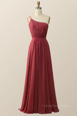Prom Dress Long With Sleeves, One Shoulder Terracotta Chiffon Long Bridesmaid Dress