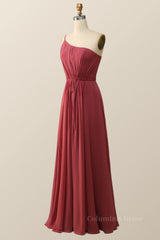 Prom Dresses Long With Sleeves, One Shoulder Terracotta Chiffon Long Bridesmaid Dress