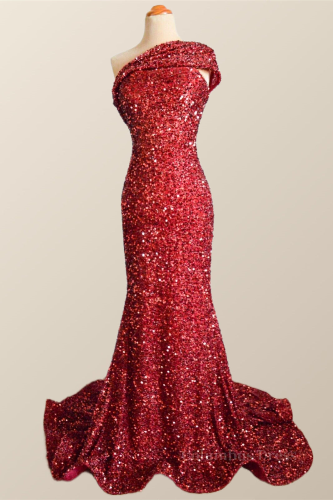Debutant Dress, One Shoulder Wine Red Sequin Mermaid Party Dress