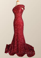 Royal Dress, One Shoulder Wine Red Sequin Mermaid Party Dress