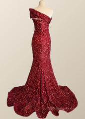 On Piece Dress, One Shoulder Wine Red Sequin Mermaid Party Dress