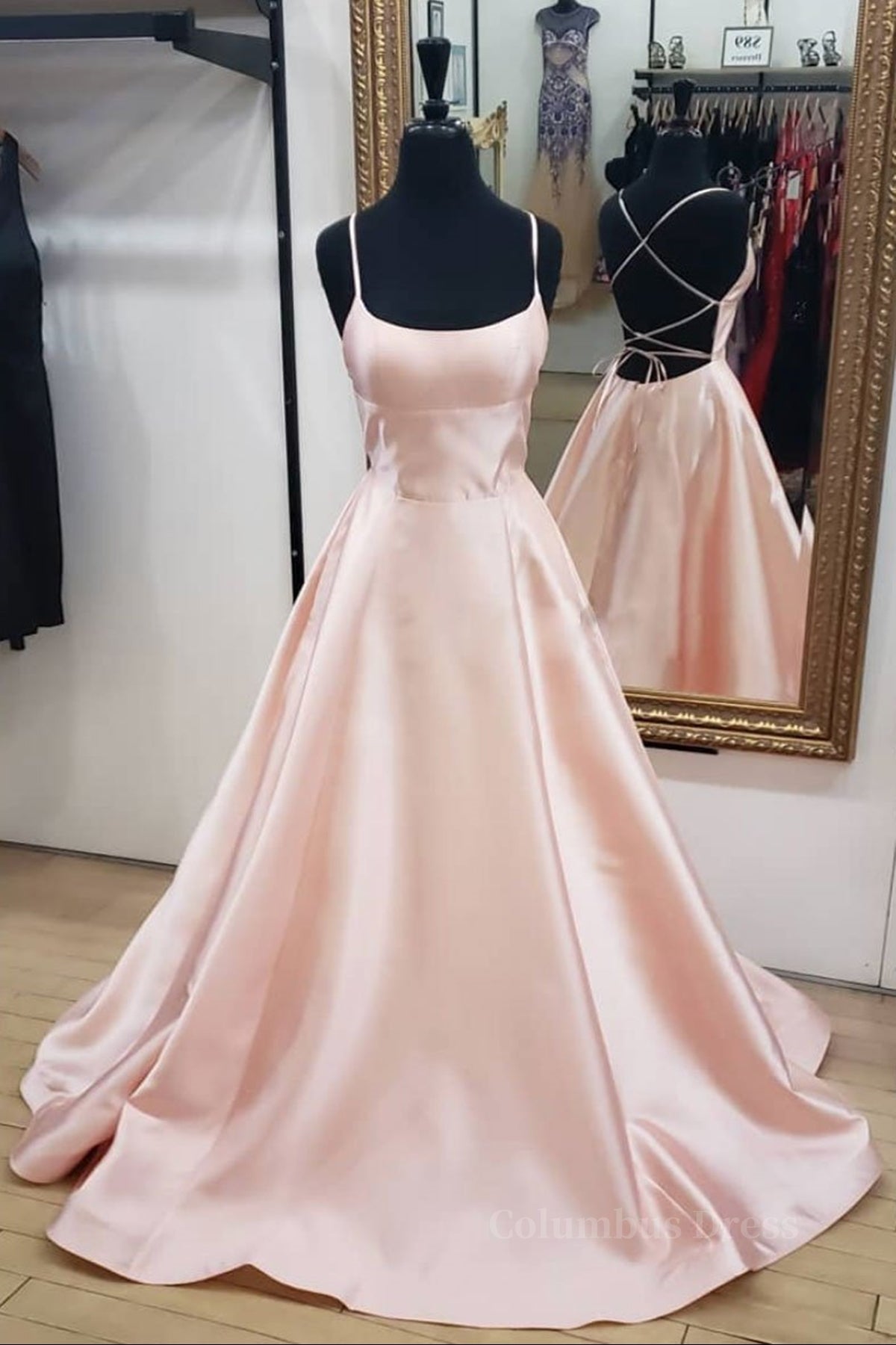 Little Black Dress, Open Back Pink Satin Long Prom Dresses, Backless Pink Satin Long Formal Evening Dresses