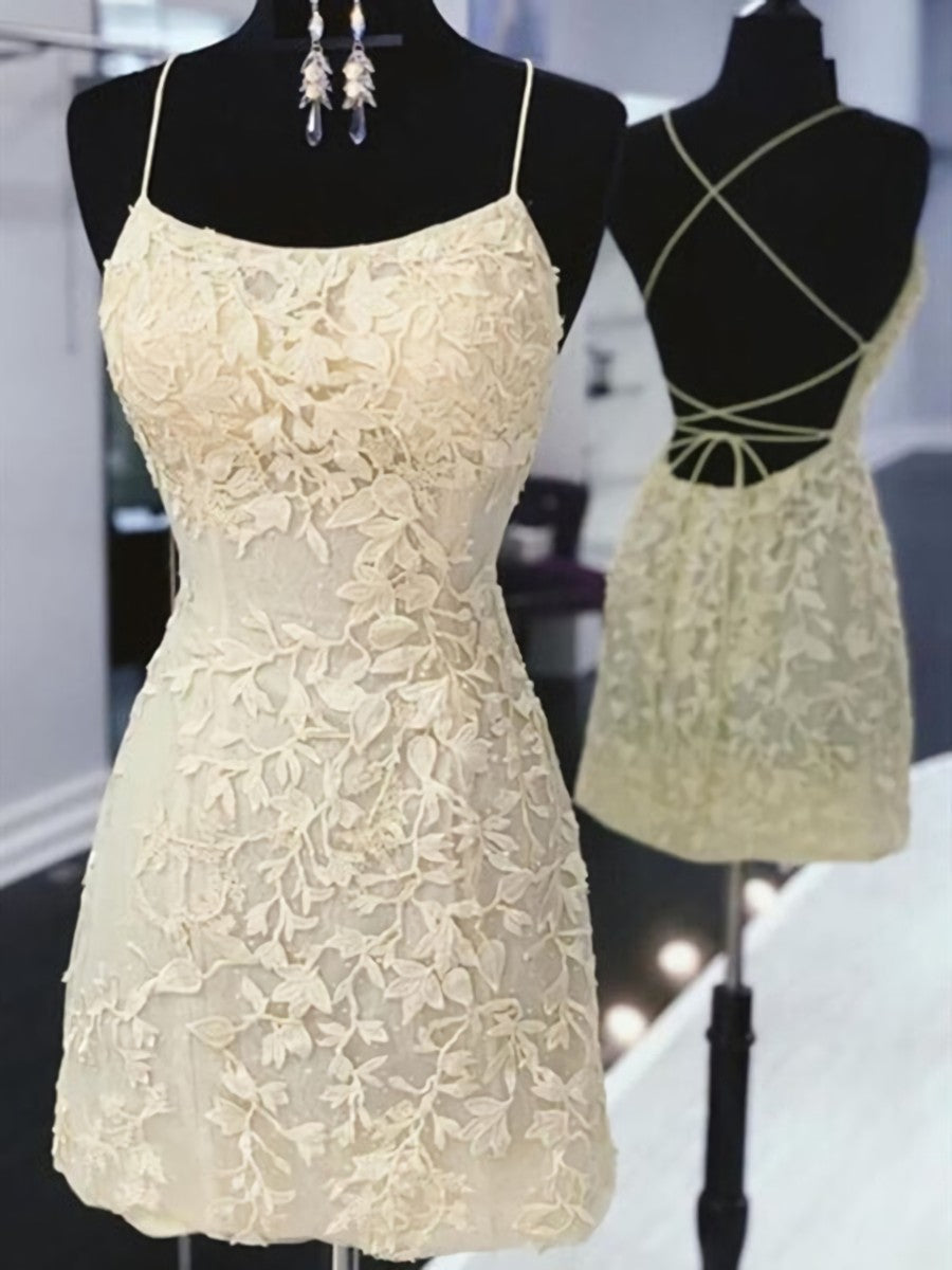 Formal Dress Elegant Classy, Open Back Short Yellow Purple Lace Prom Dresses, Short Backless Lace Formal Homecoming Dresses