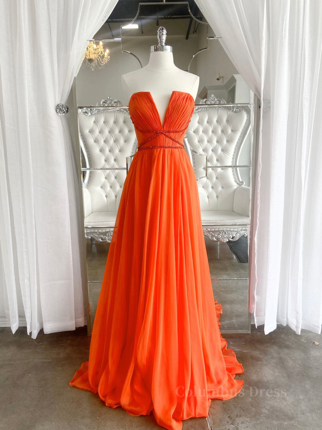 Prom Dresses For Blondes, Orange Aline chiffon long prom dress, orange long evening dress