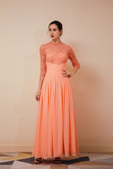 Party Dresses For Wedding, Lace Chiffon Long Zipper Back Mother of the Bride Dresses With Sleeves