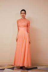 Party Dresses For Weddings, Lace Chiffon Long Zipper Back Mother of the Bride Dresses With Sleeves