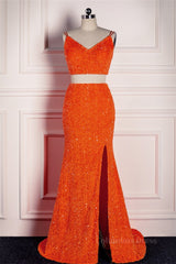 Party Dresses Ladies, Orange Mermaid Spaghetti Straps Sparkly Two-Piece Long Formal Dress