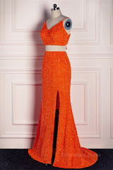 Party Dress Websites, Orange Mermaid Spaghetti Straps Sparkly Two-Piece Long Formal Dress