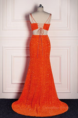 Party Dresses Long Dress, Orange Mermaid Spaghetti Straps Sparkly Two-Piece Long Formal Dress
