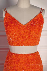 Party Dress Short, Orange Mermaid Spaghetti Straps Sparkly Two-Piece Long Formal Dress