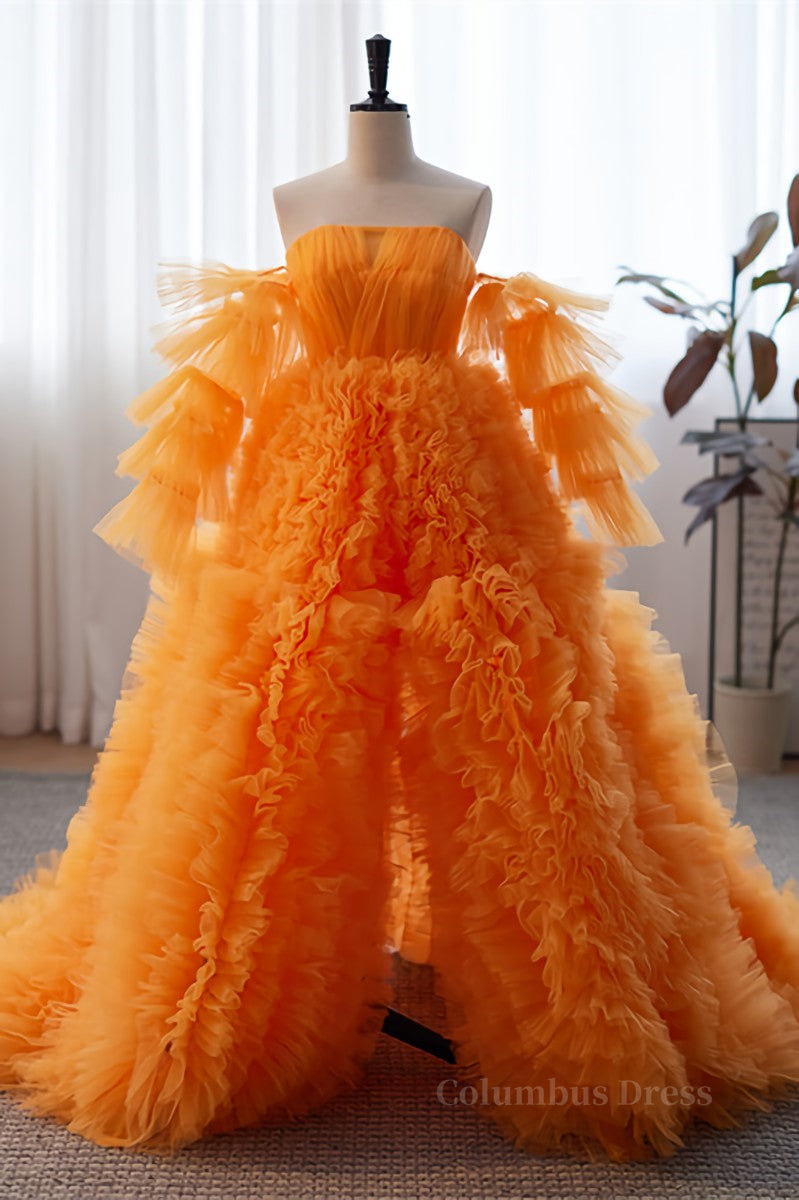 Prom Dresses Designs, Orange Off-the-Shoulder Long Sleeves Ruffles Maxi Formal Dress with Slit