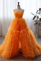 Prom Dress Designs, Orange Off-the-Shoulder Long Sleeves Ruffles Maxi Formal Dress with Slit