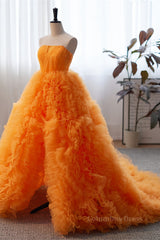 Prom Dresses Website, Orange Off-the-Shoulder Long Sleeves Ruffles Maxi Formal Dress with Slit