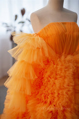 Prom Dress Website, Orange Off-the-Shoulder Long Sleeves Ruffles Maxi Formal Dress with Slit