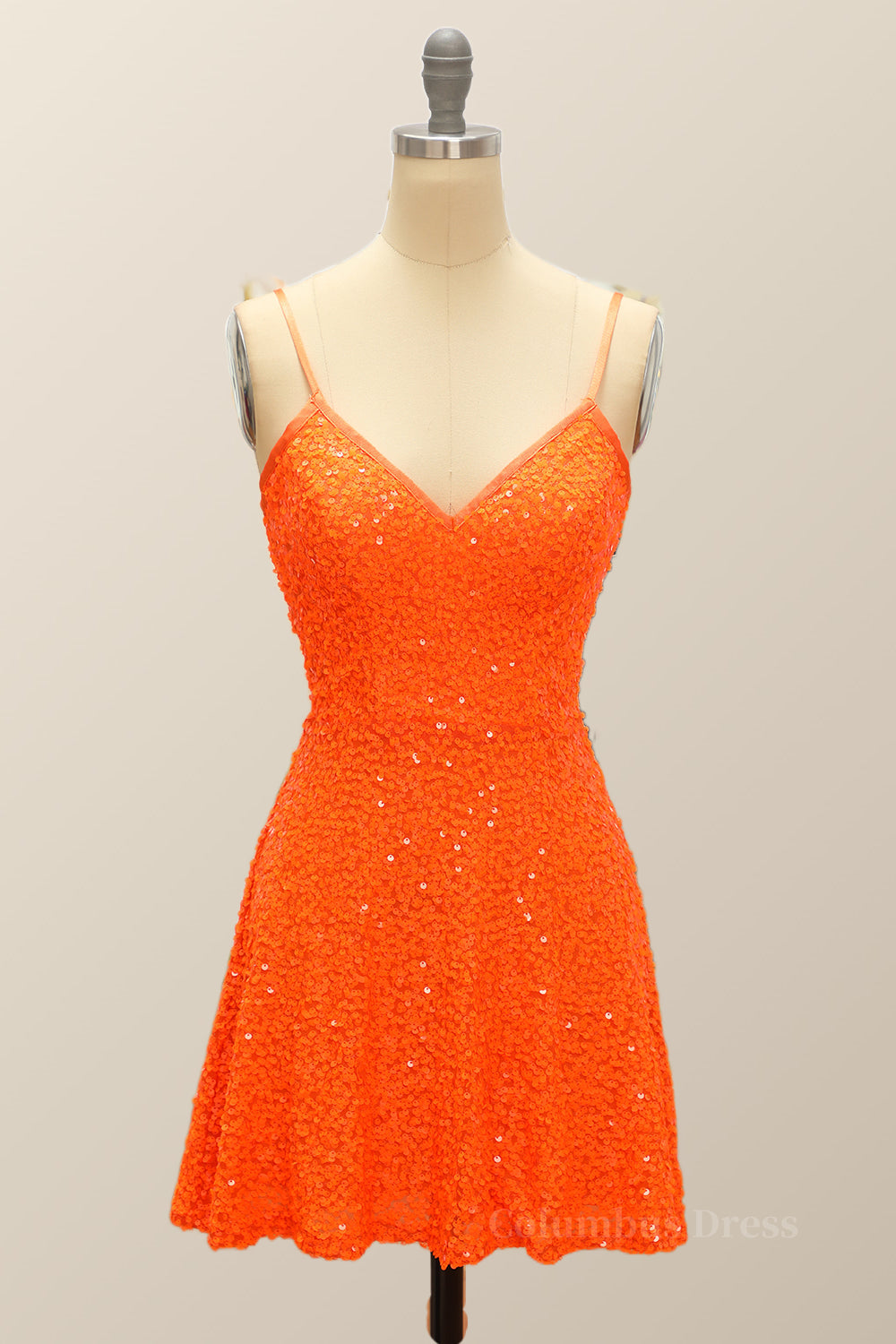 Evening Dress Store, Orange Sequin Straps A-line Short Party Dress