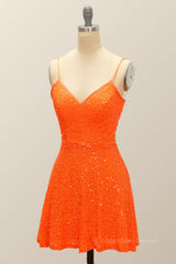 Evening Dress Stores, Orange Sequin Straps A-line Short Party Dress