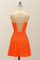 Evening Dresses Stores, Orange Sequin Straps A-line Short Party Dress
