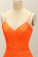 Evening Dress Shops Near Me, Orange Sequin Straps A-line Short Party Dress