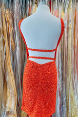 Homecoming Dresses Short Tight, Orange Sequins Cross Front Bodycon Mini Party Dresses