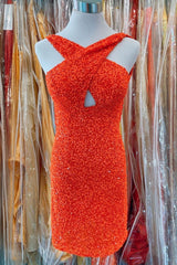 Homecoming Dresses Green, Orange Sequins Cross Front Bodycon Mini Party Dresses