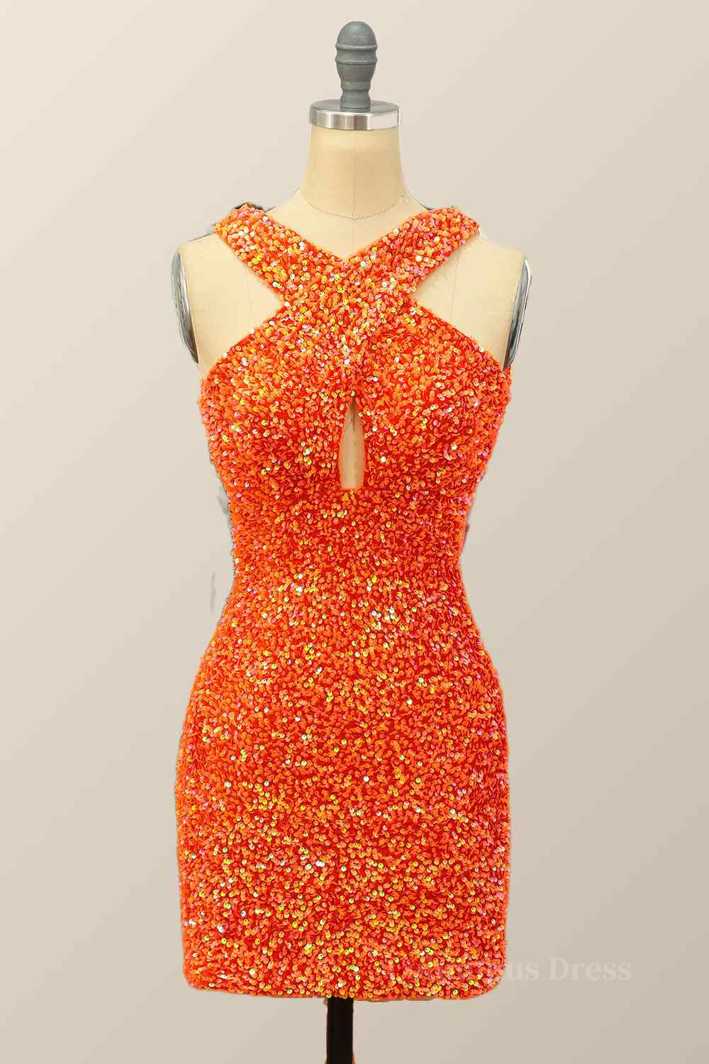 Formal Dress Wear For Ladies, Orange Sheath Halter Sequins Cut-Out Mini Homecoming Dress